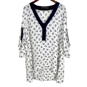Liberty Love Plus Size 2XL Nautical Sailing Anchor White Blue Blouse Shirt Top